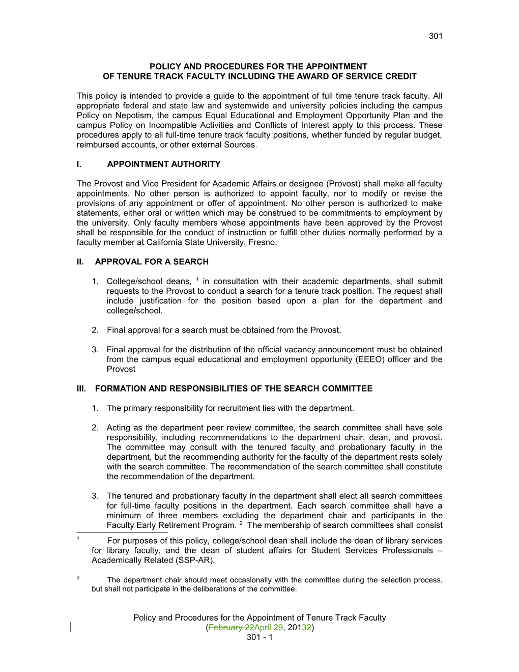 Interim Policy and Procedures for the Appointment of Tenure Track Facul Ty Including The