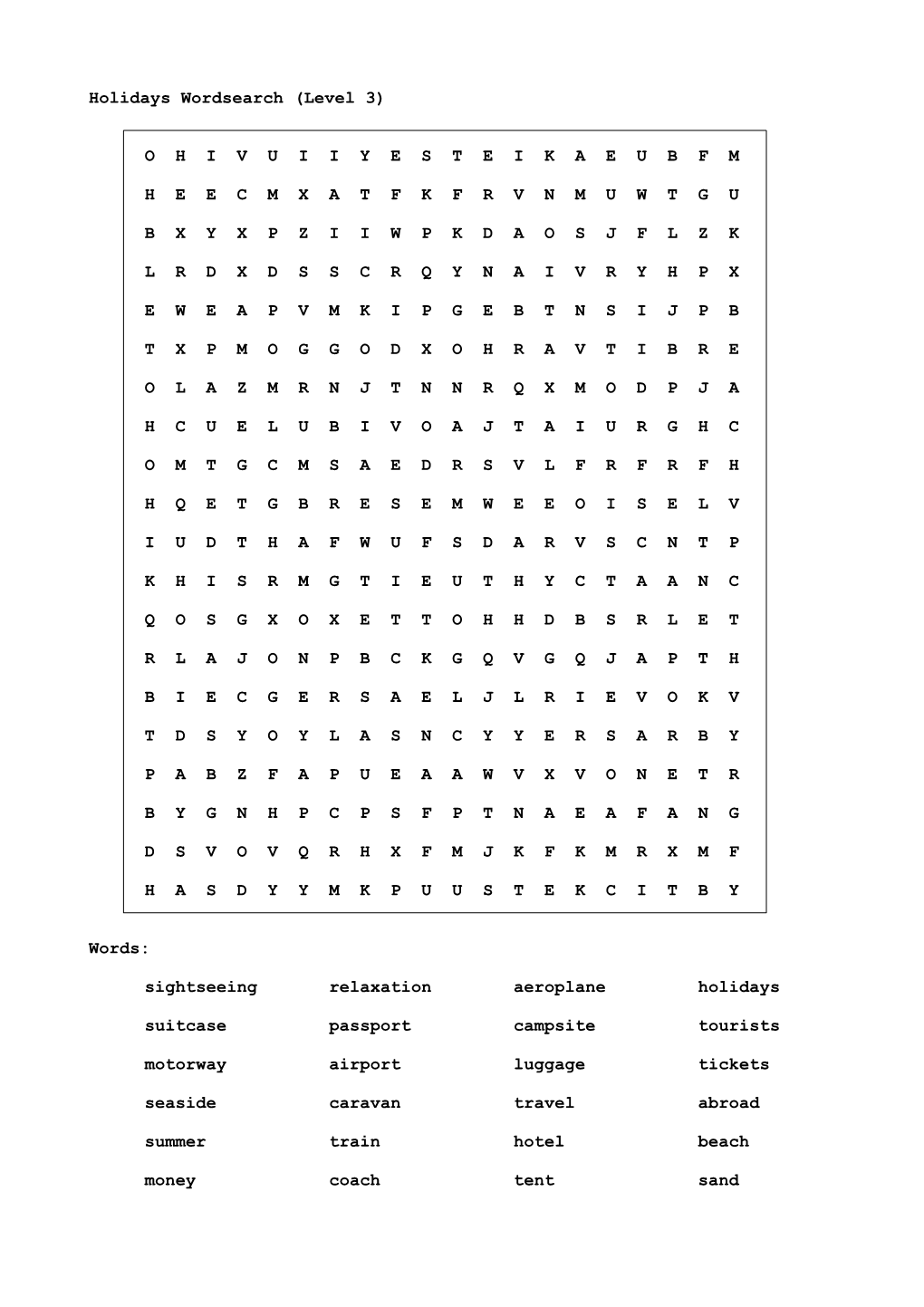 Holidays Wordsearch (Level 3)
