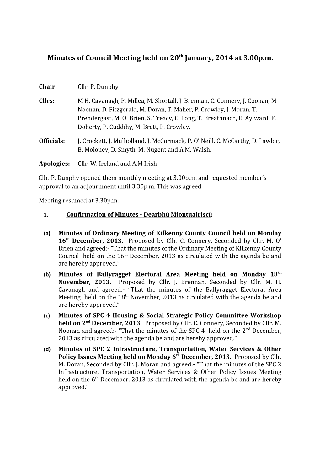 Minutes of Council Meeting Held on 20Th January, 2014 at 3.00P.M