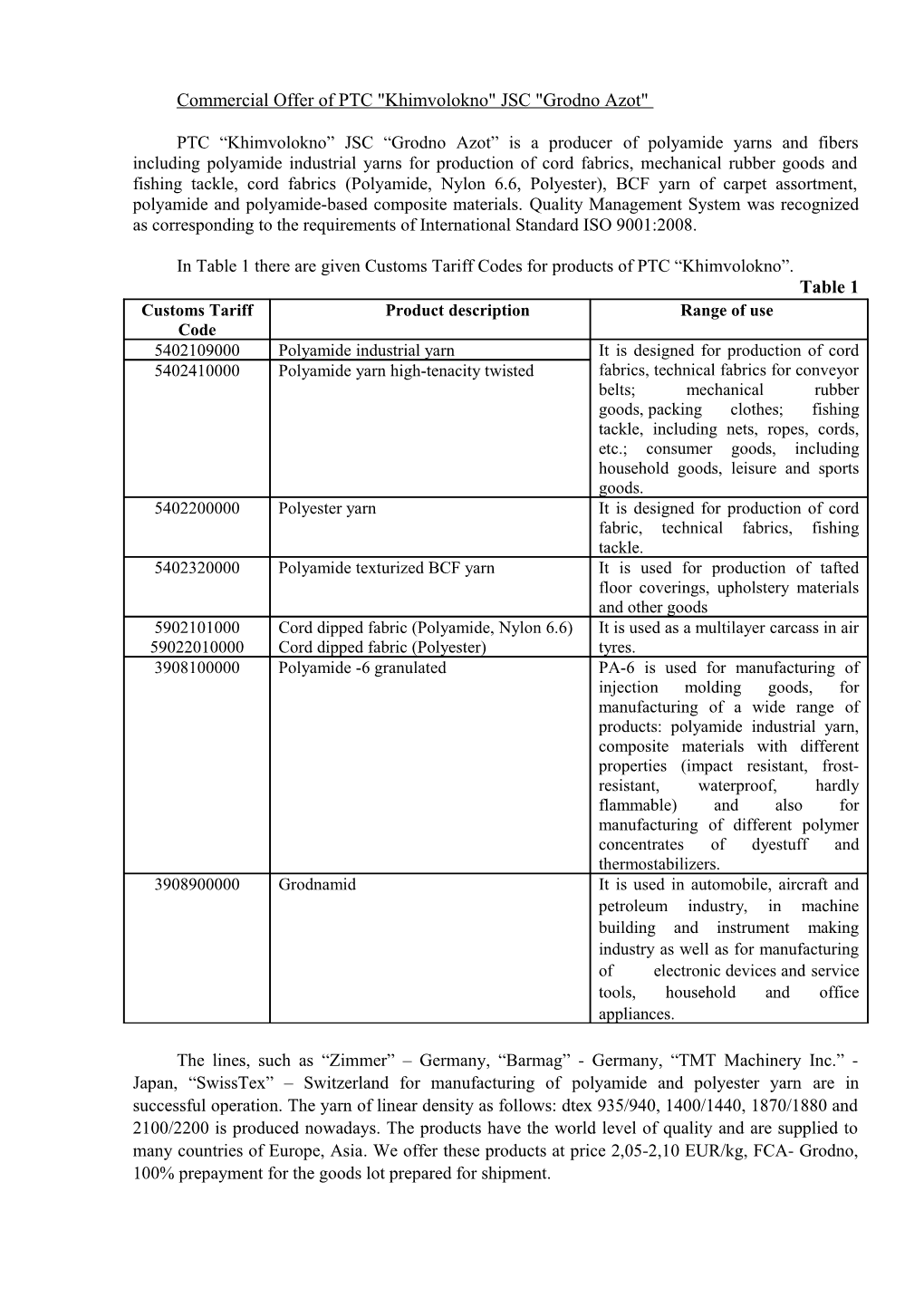 Commercial Offer of PTC Khimvolokno JSC Grodno Azot