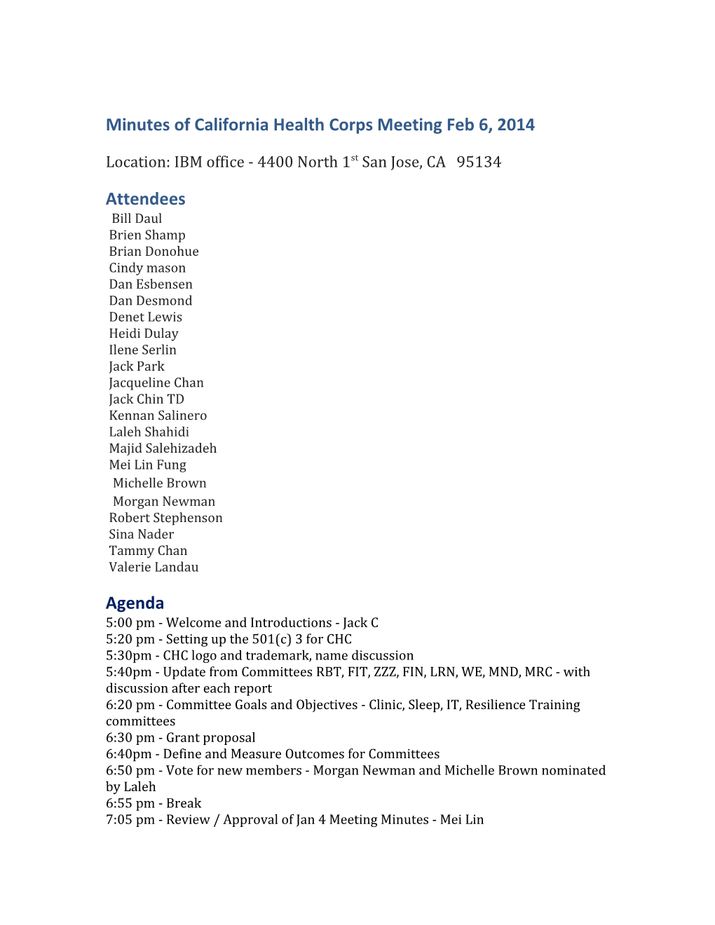 Minutes of California Health Corps Meeting Feb 6, 2014