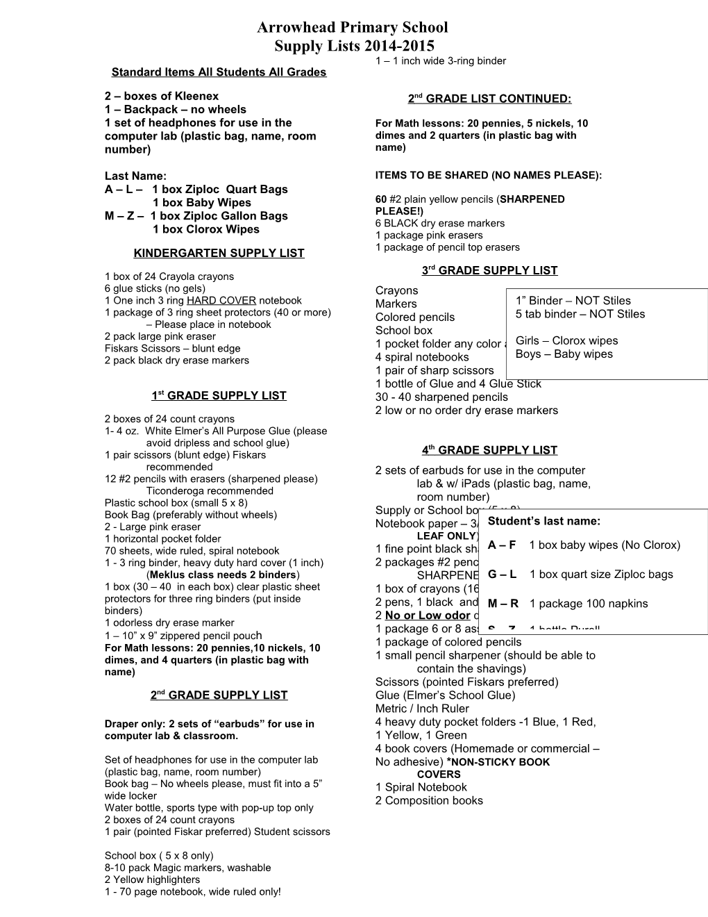 Arrowhead Primary School Supply Lists