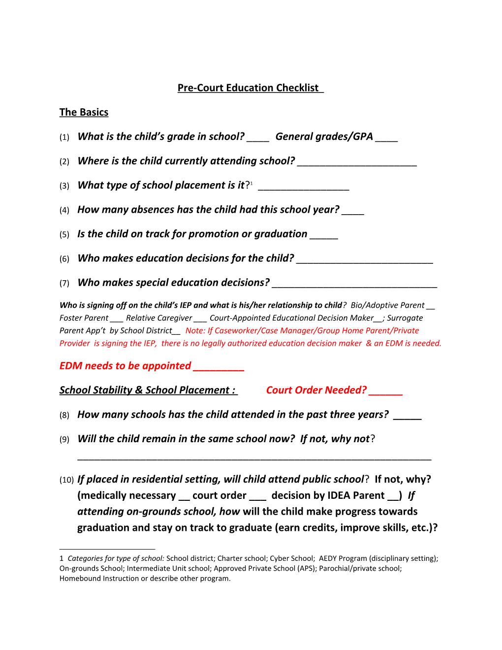 Pre-Court Education Checklist
