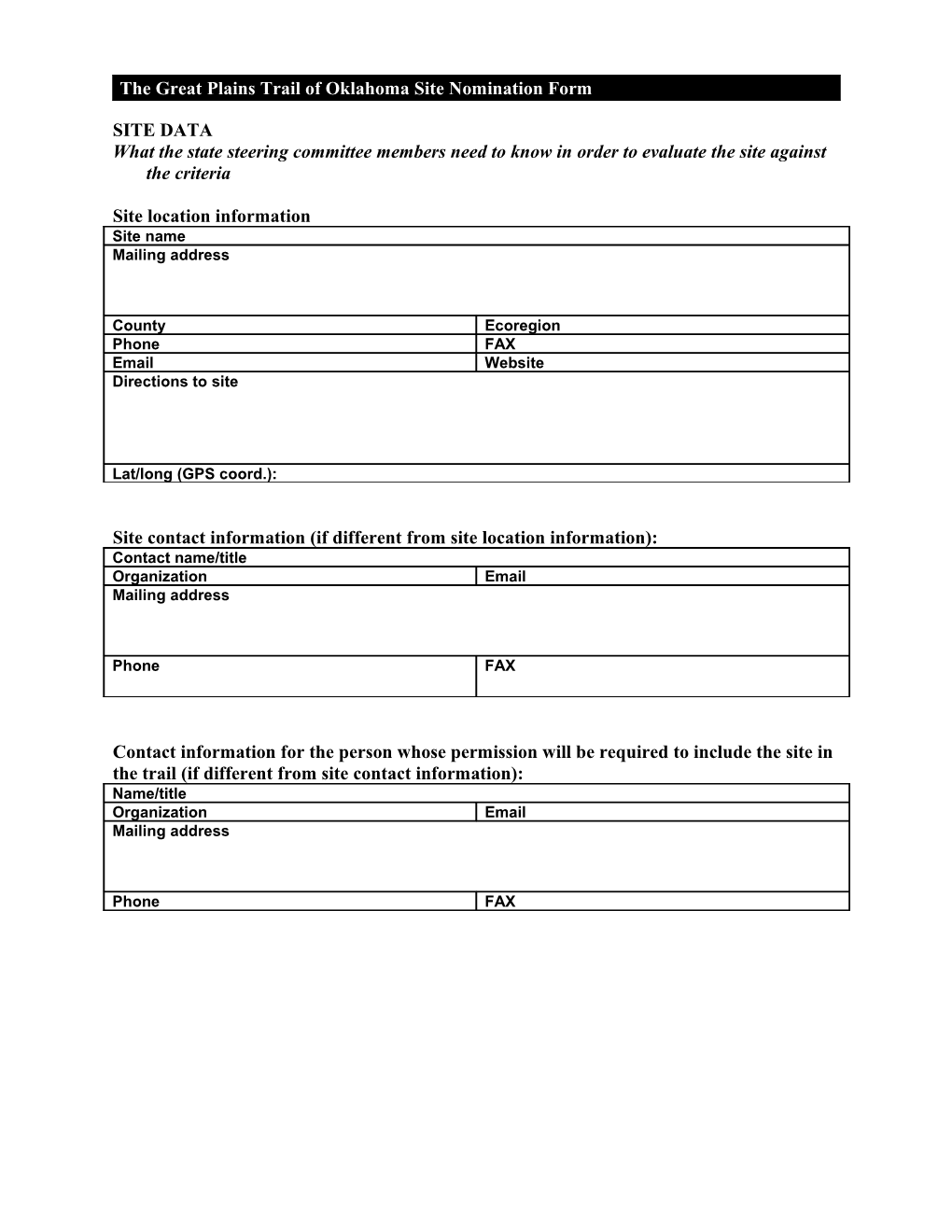 The Great Plains Trail of Oklahoma Site Nomination Form