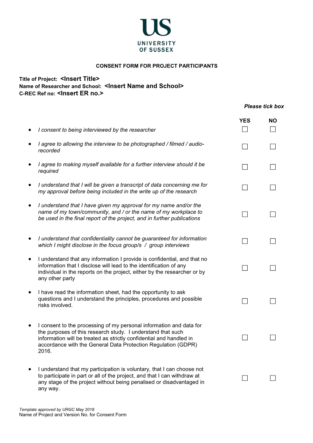 Consent Form for Project Participants