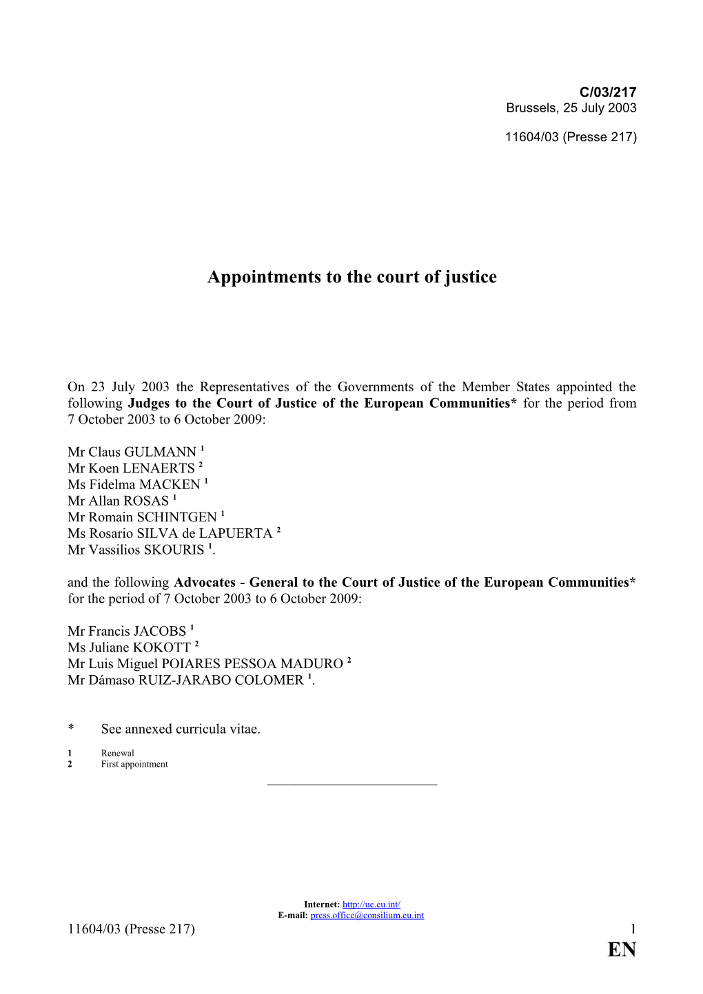 Appointments to the Court of Justice