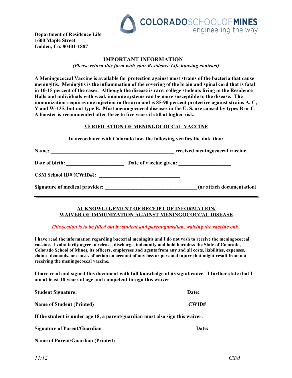 Please Return This Form with Your Residence Life Housing Contract