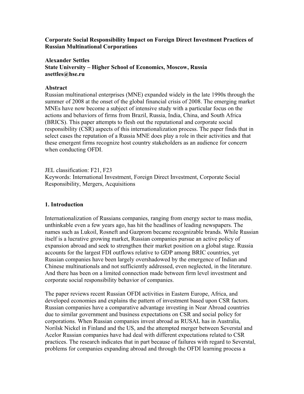 Corporate Social Responsibility Impact on Foreign Direct Investment Practices of Russian