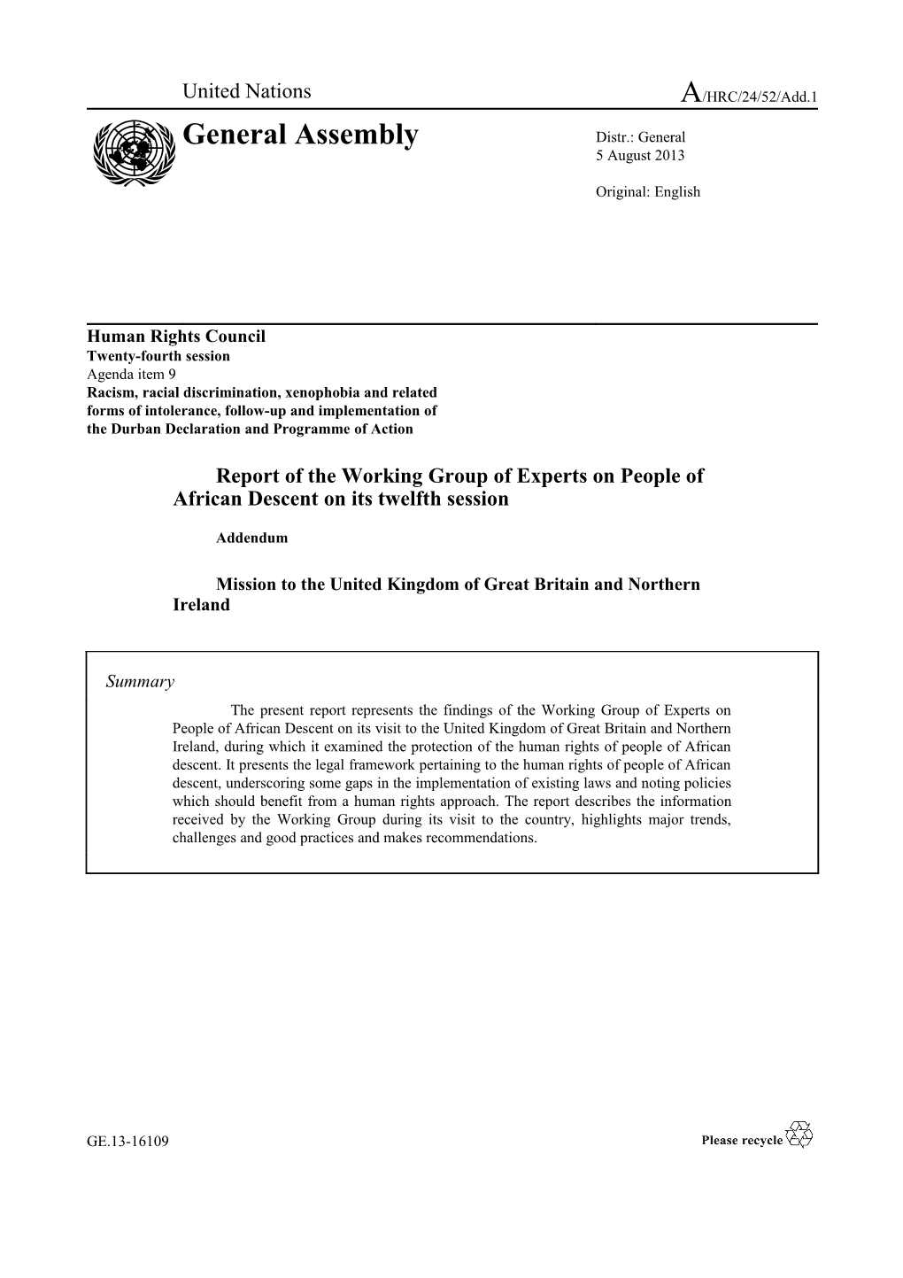 Report of the Working Group of Experts on People of African Descent, Mission to UK in English