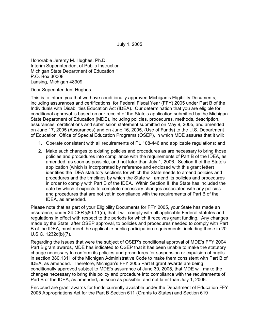 2005 Michigan Individuals with Disabilities Act (IDEA) Part B Grant Award Letter (MS Word)