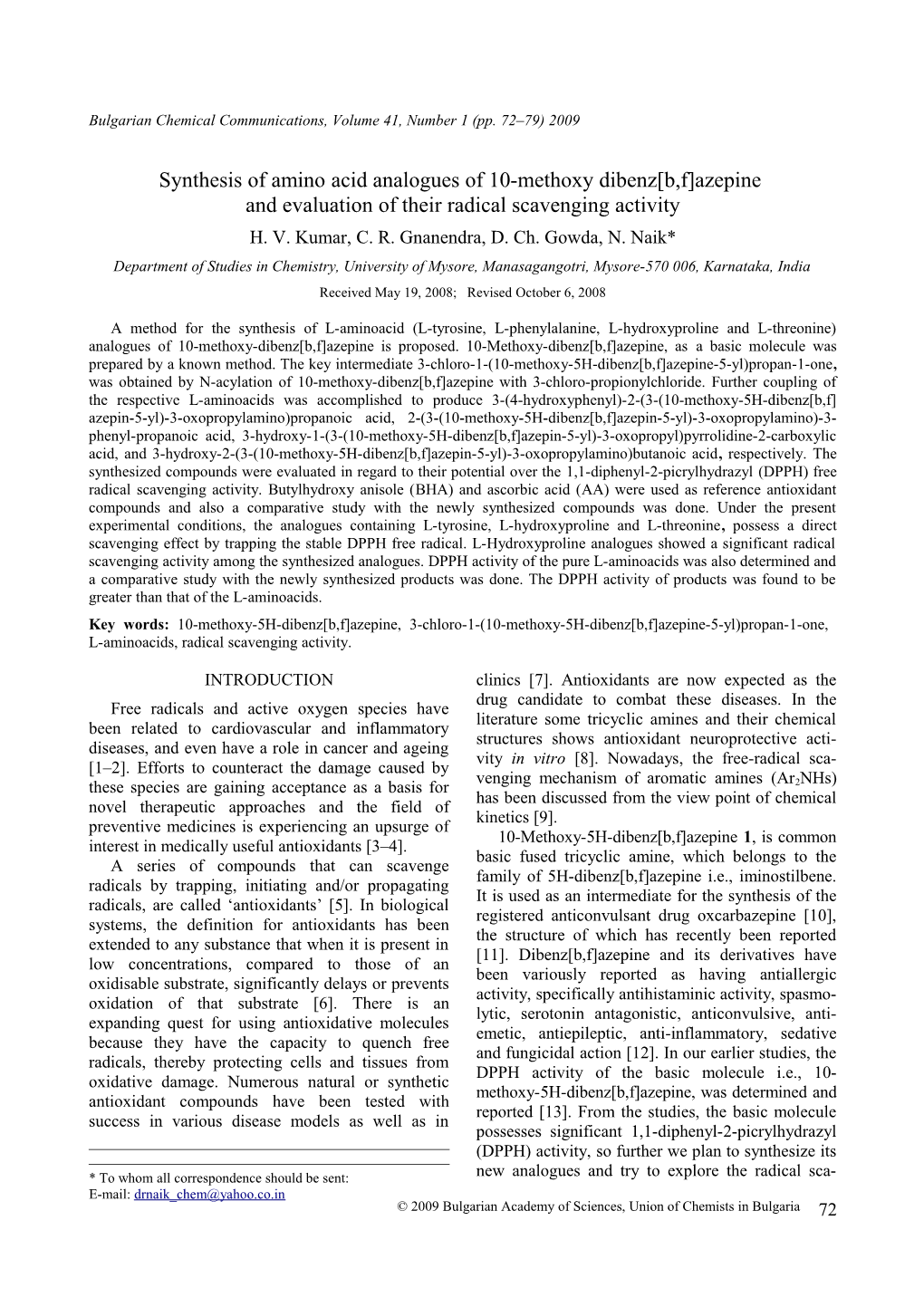 Synthesis of Amino Acid Analogues of 10 Methoxy Dibenz B,F Azepine and Evaluation of Their