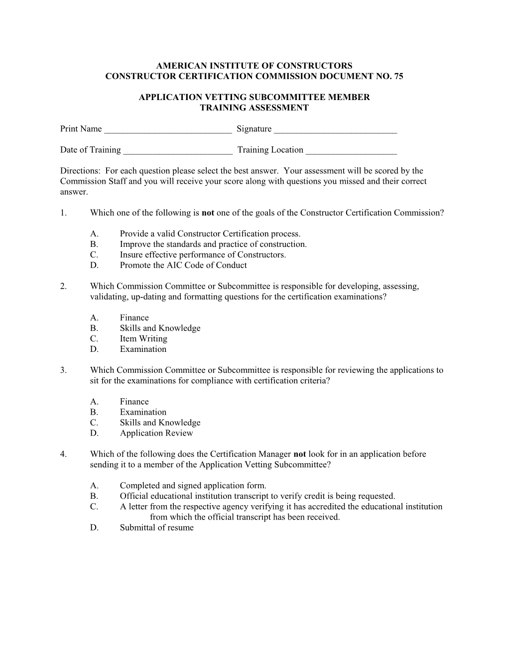 Commission Document No. 75 - Application Vetting Subcommittee Training Assessment