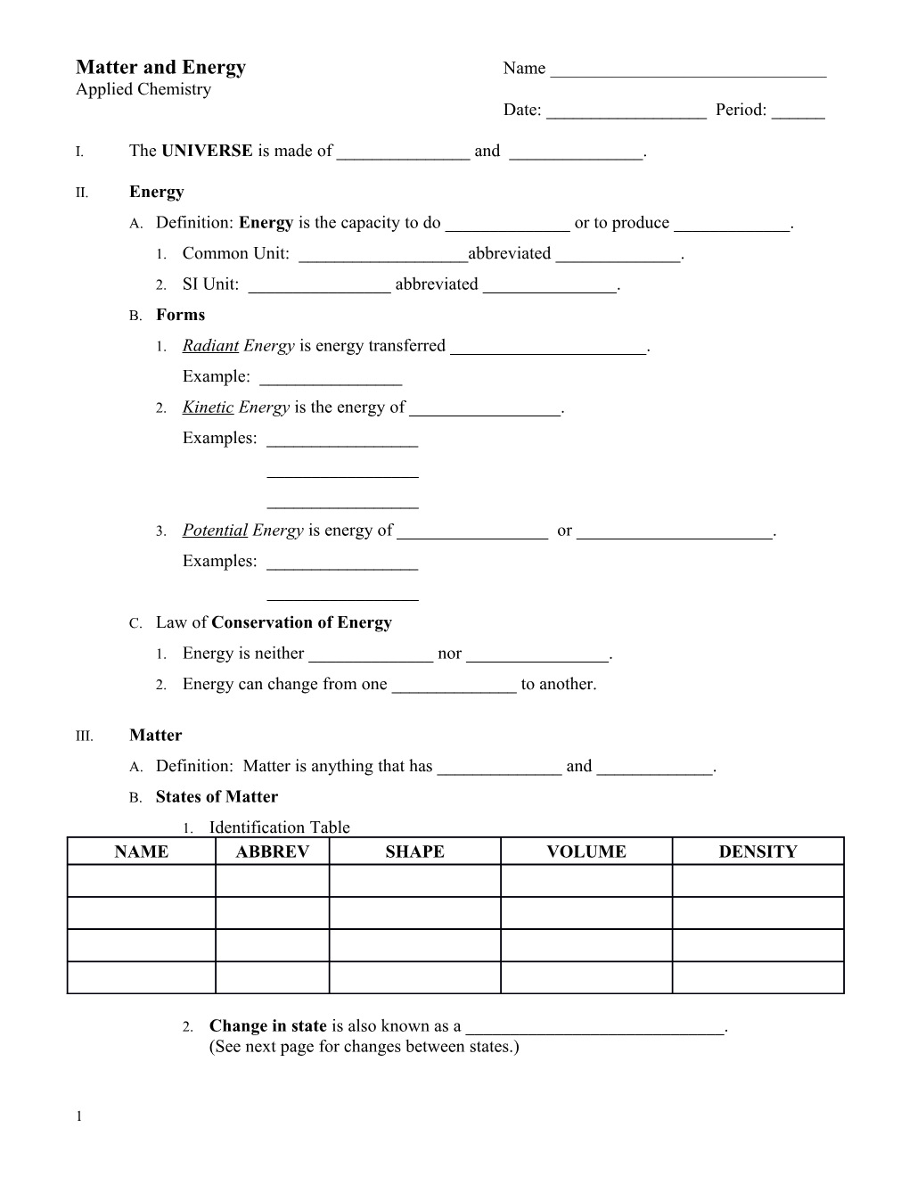 Matter and Energy Name ______ Applied Chemistry