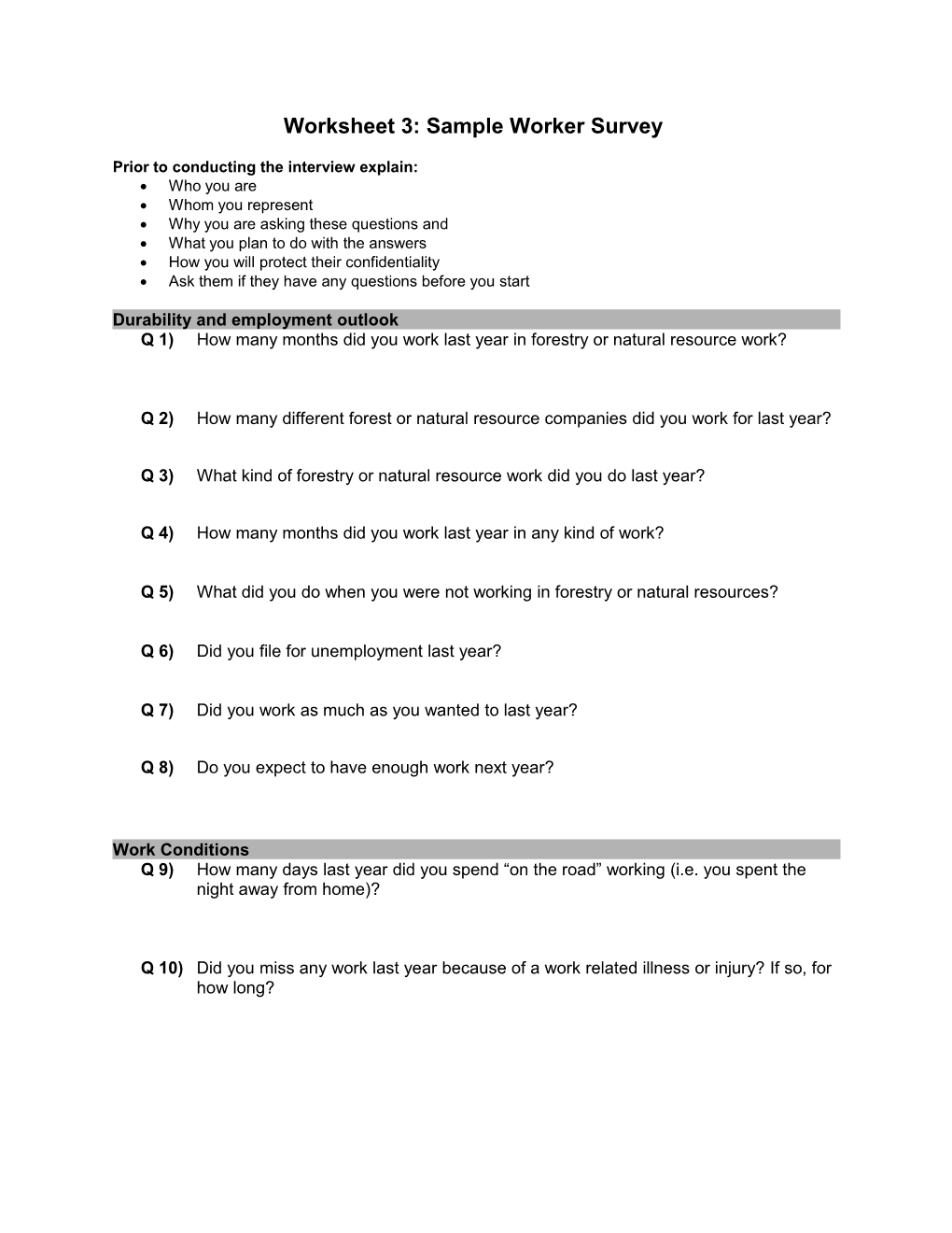 Worksheet 3: Sample Worker Survey