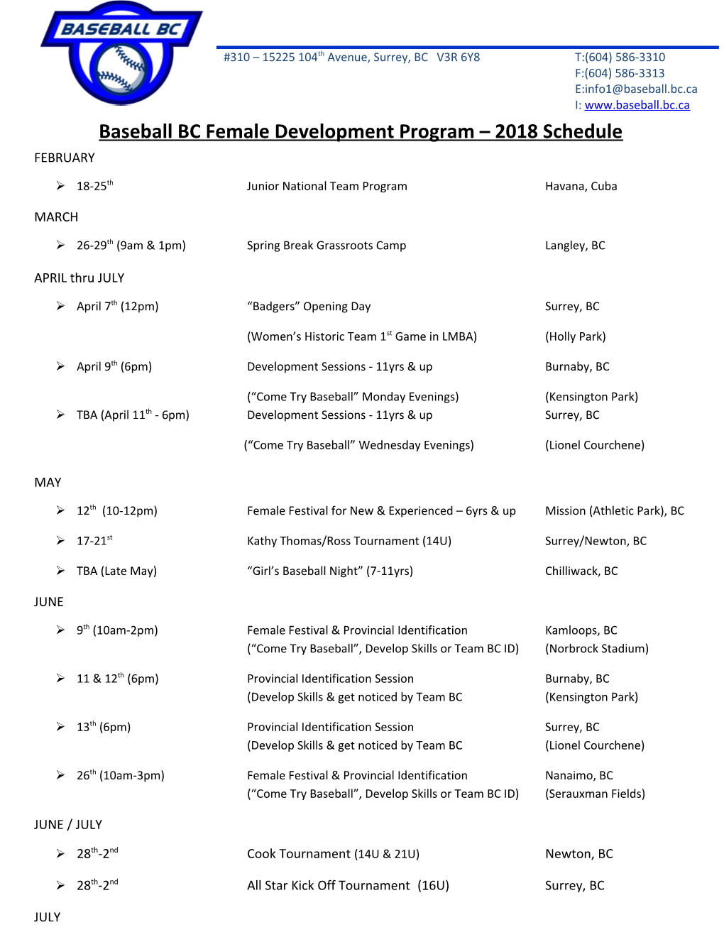 Baseball BC Female Development Program 2018Schedule