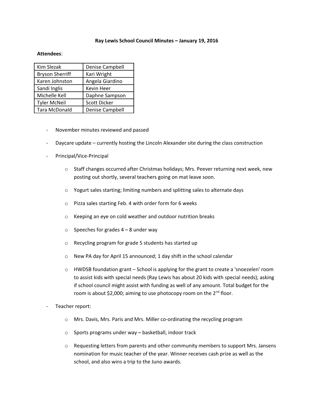 Ray Lewis School Council Minutes January 19, 2016