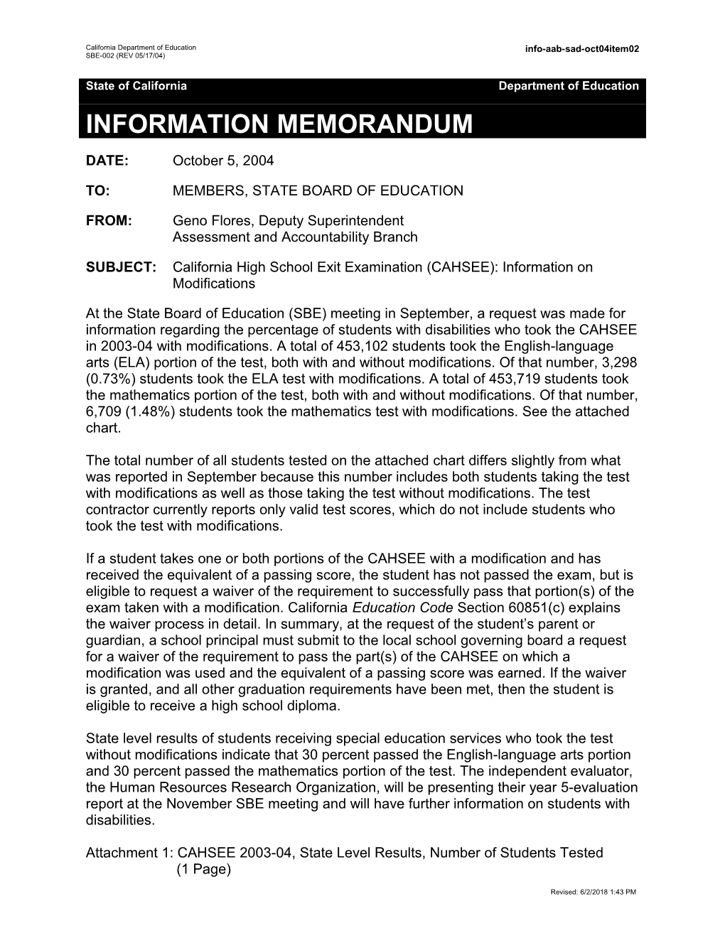 October 2004 SAD Item 2 - Information Memorandum (CA State Board of Education)