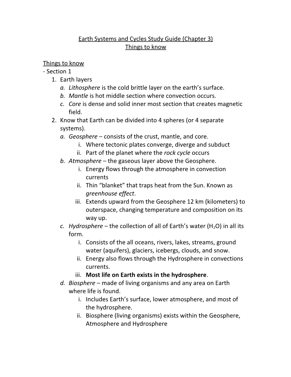 Earth Systems and Cycles Test (Chapter 3)