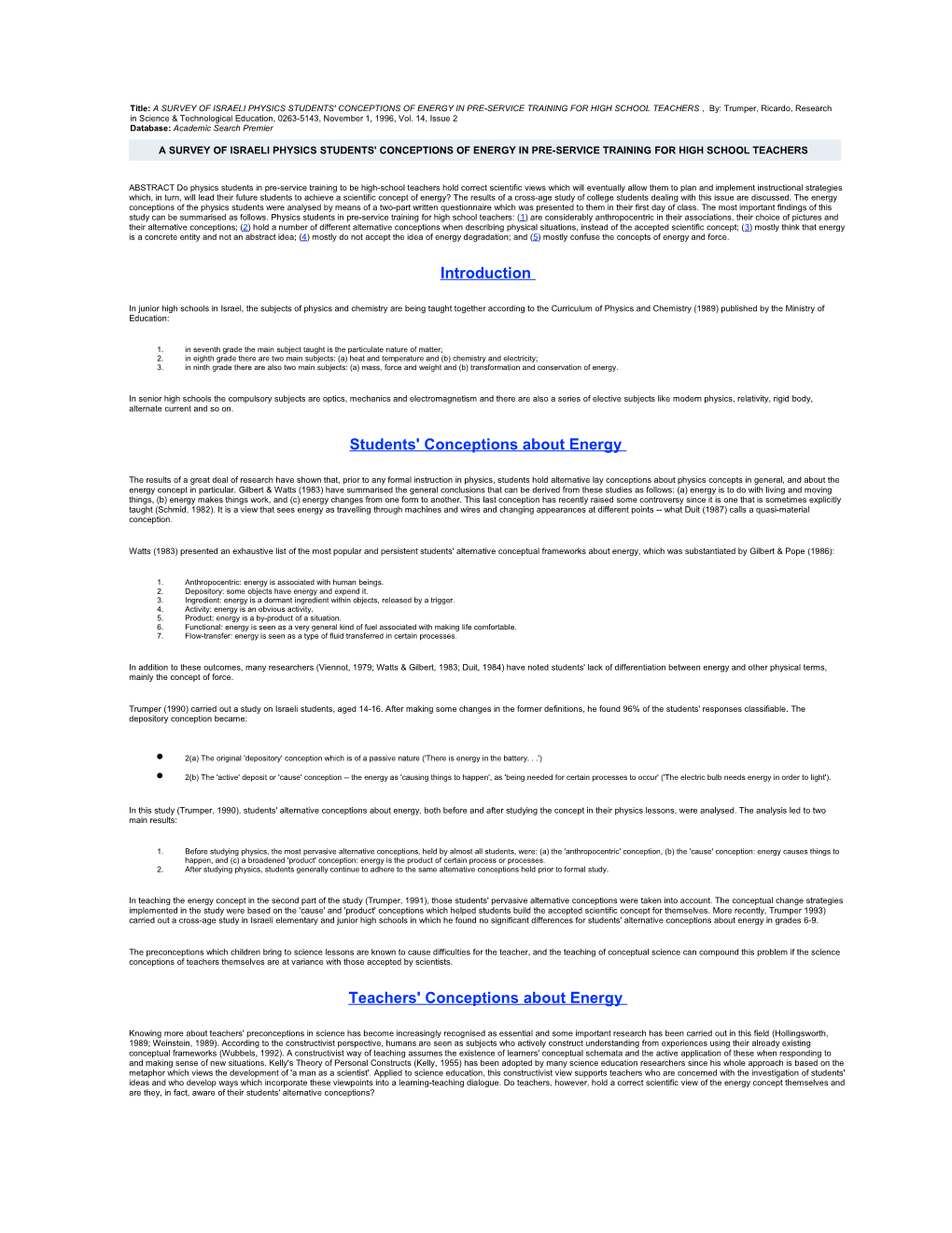 Title: a SURVEY of ISRAELI PHYSICS STUDENTS' CONCEPTIONS of ENERGY in PRE-SERVICE TRAINING