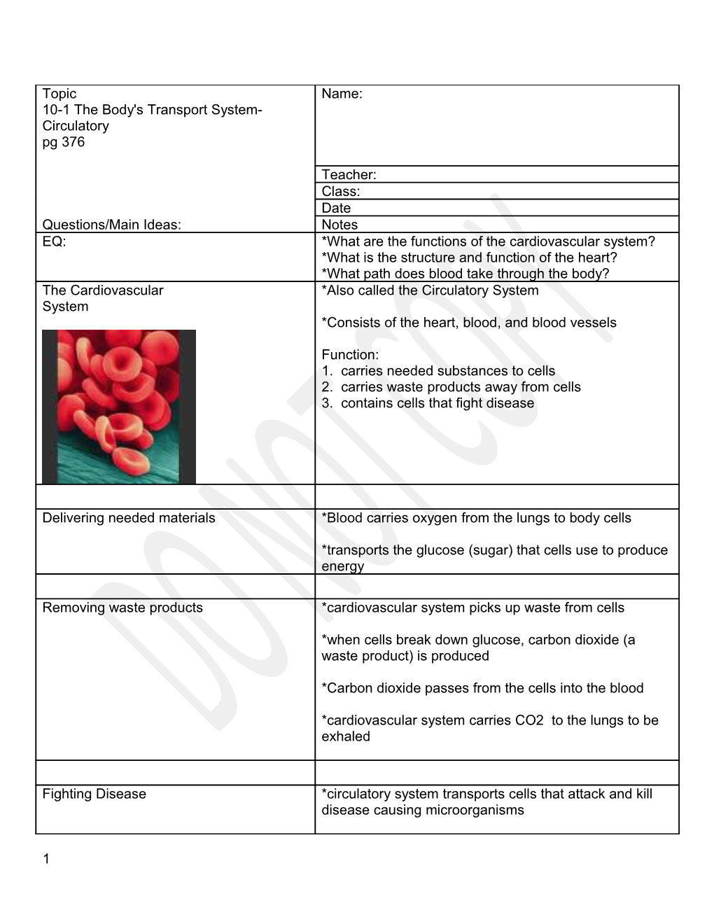 Topic 10-1 the Body's Transport System- Circulatory Pg 376