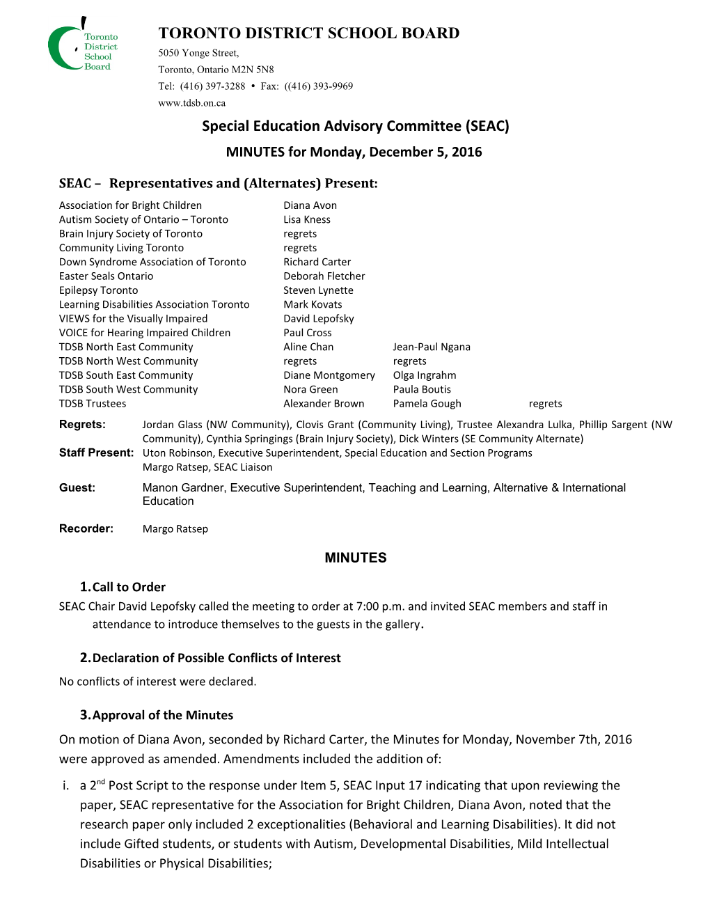 Special Education Advisory Committee (SEAC) TDSB Special Education Reform Draft Motions s1