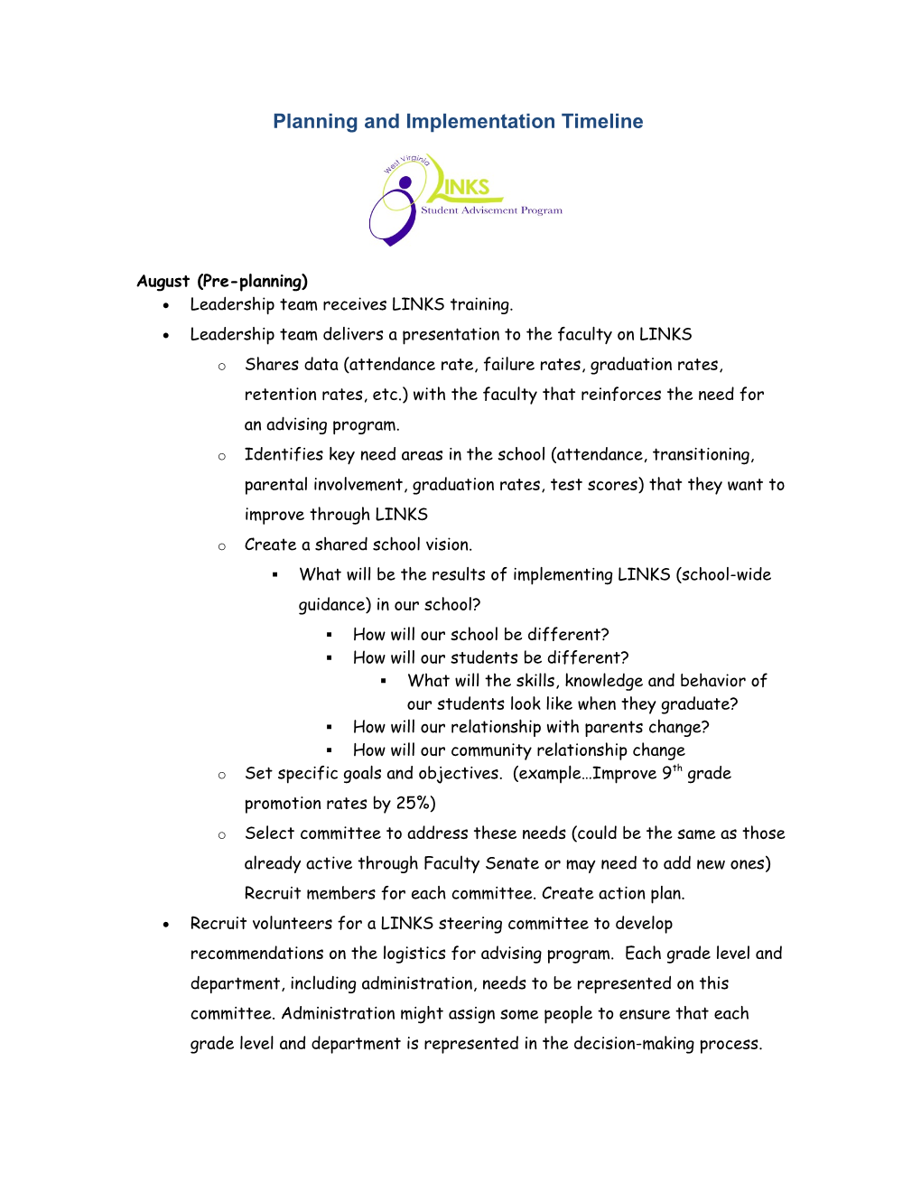 Timeline for Implementation of Teachers As Advisors