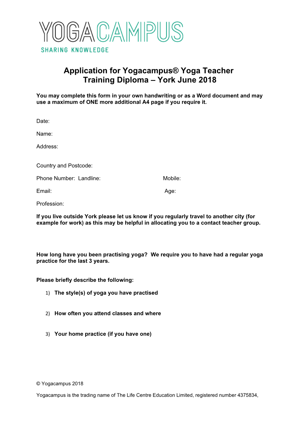 Application Form for the Life Centre Yoga Teacher Training Programme Level 1 (200 Hour