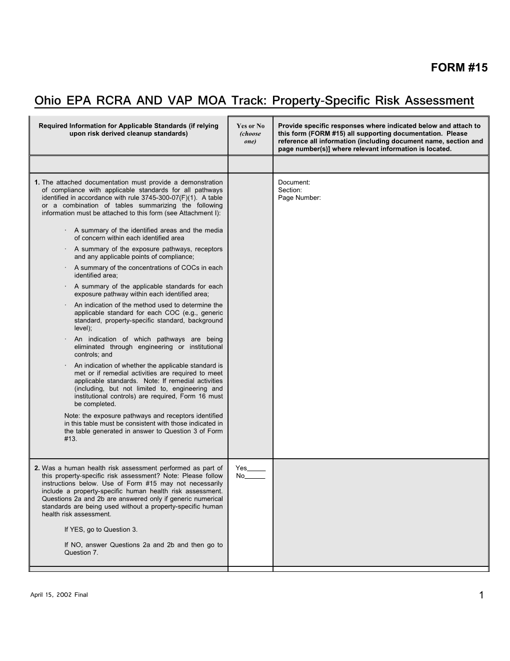 Ohio EPA VAP MOA Track: Property-Specific Risk Assessment