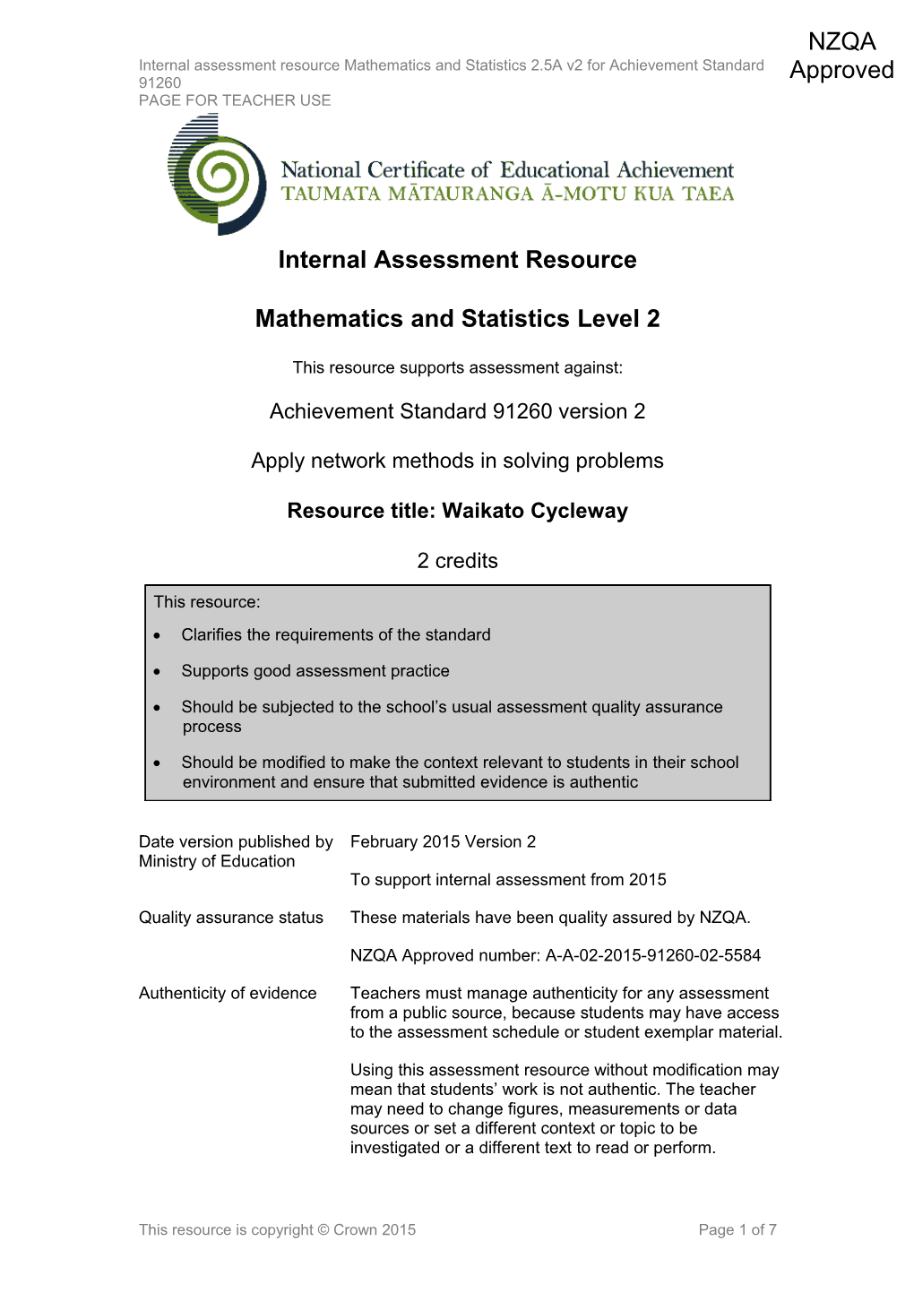 Level 2 Mathematics and Statistics Internal Assessment Resource s1