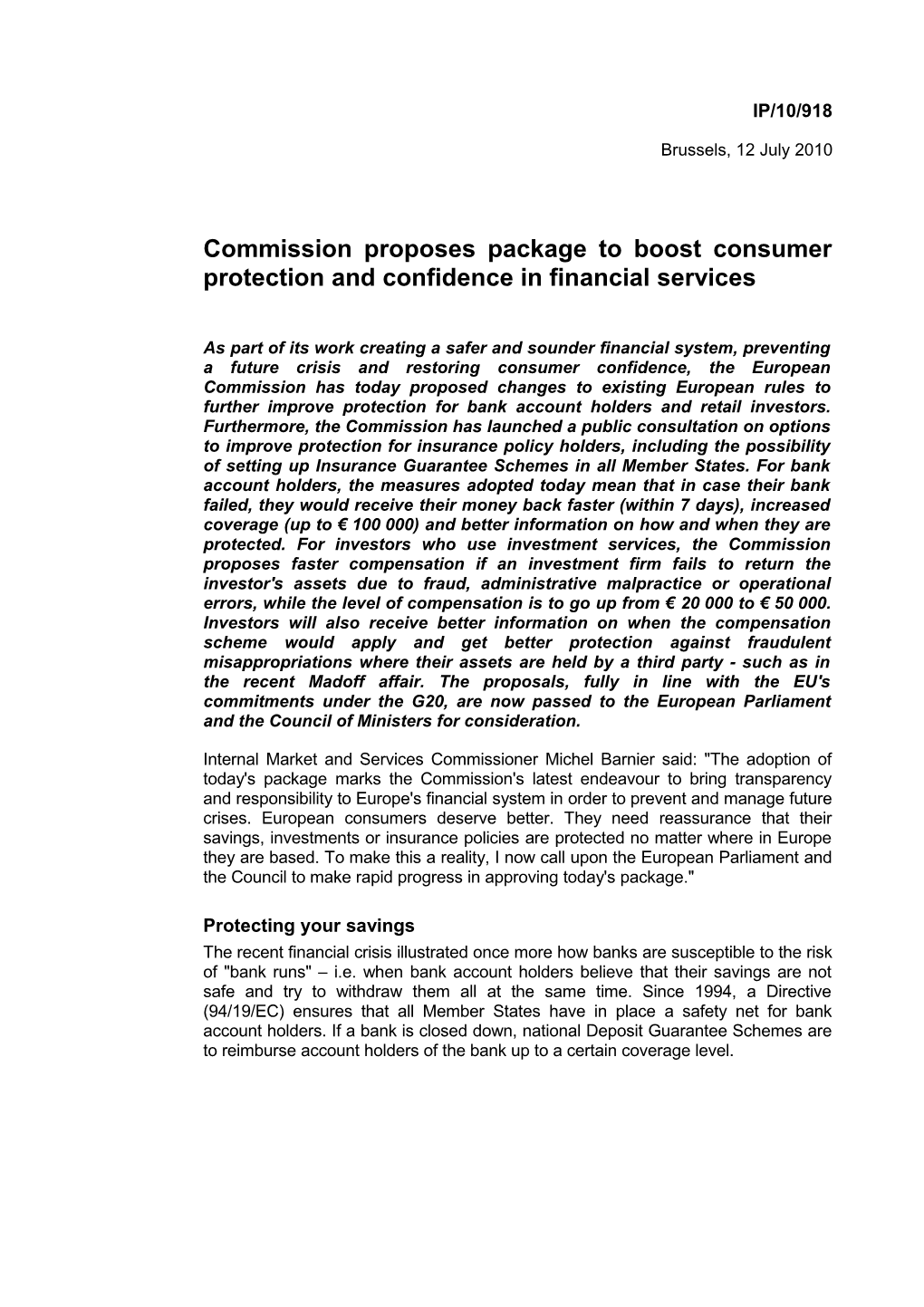 Commission Proposes Package to Boost Consumer Protection and Confidence in Financial Services