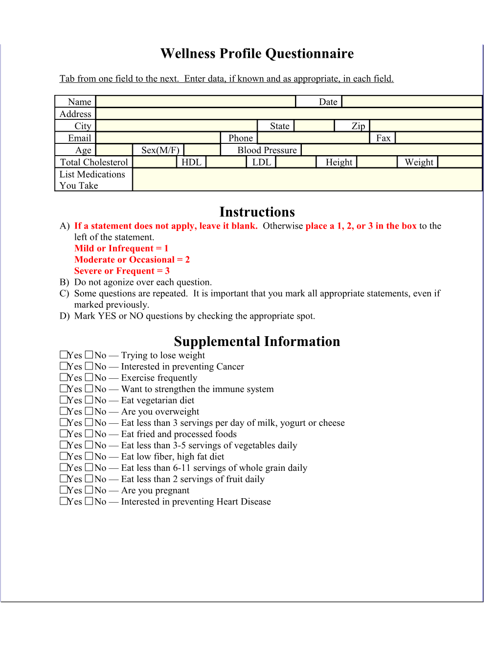 Wellness Profile Questionnaire