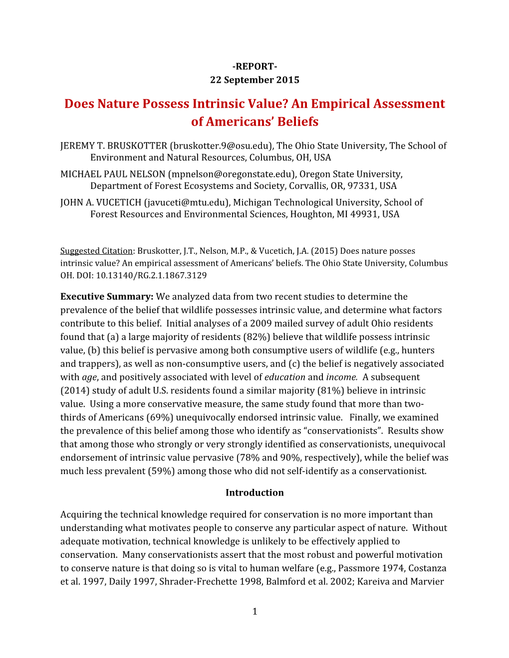 Does Nature Possess Intrinsic Value? an Empirical Assessment of Americans Beliefs