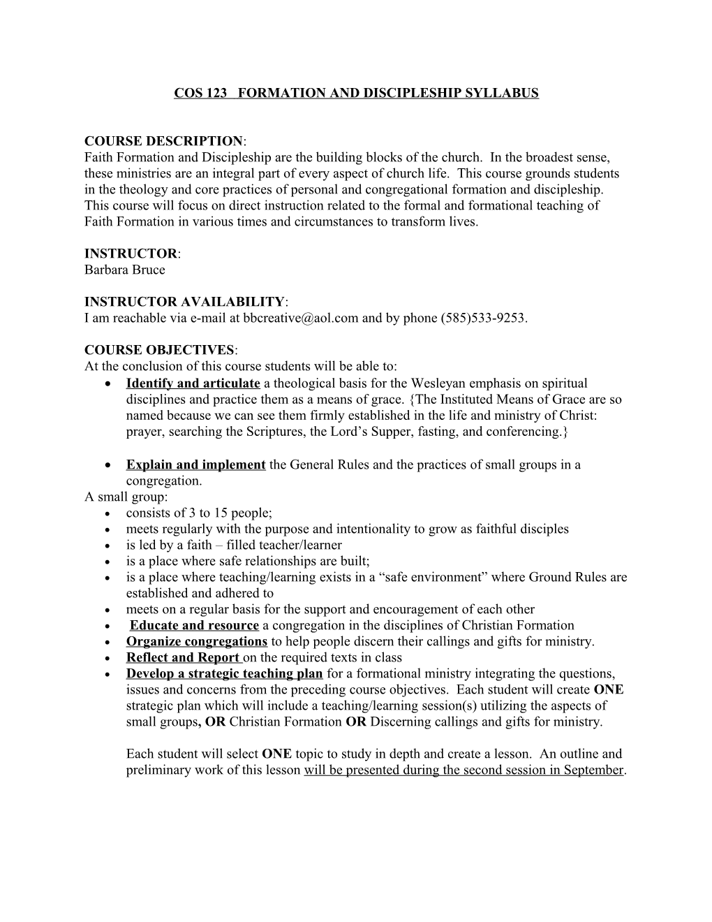 Cos 123 Formation and Discipleship Syllabus