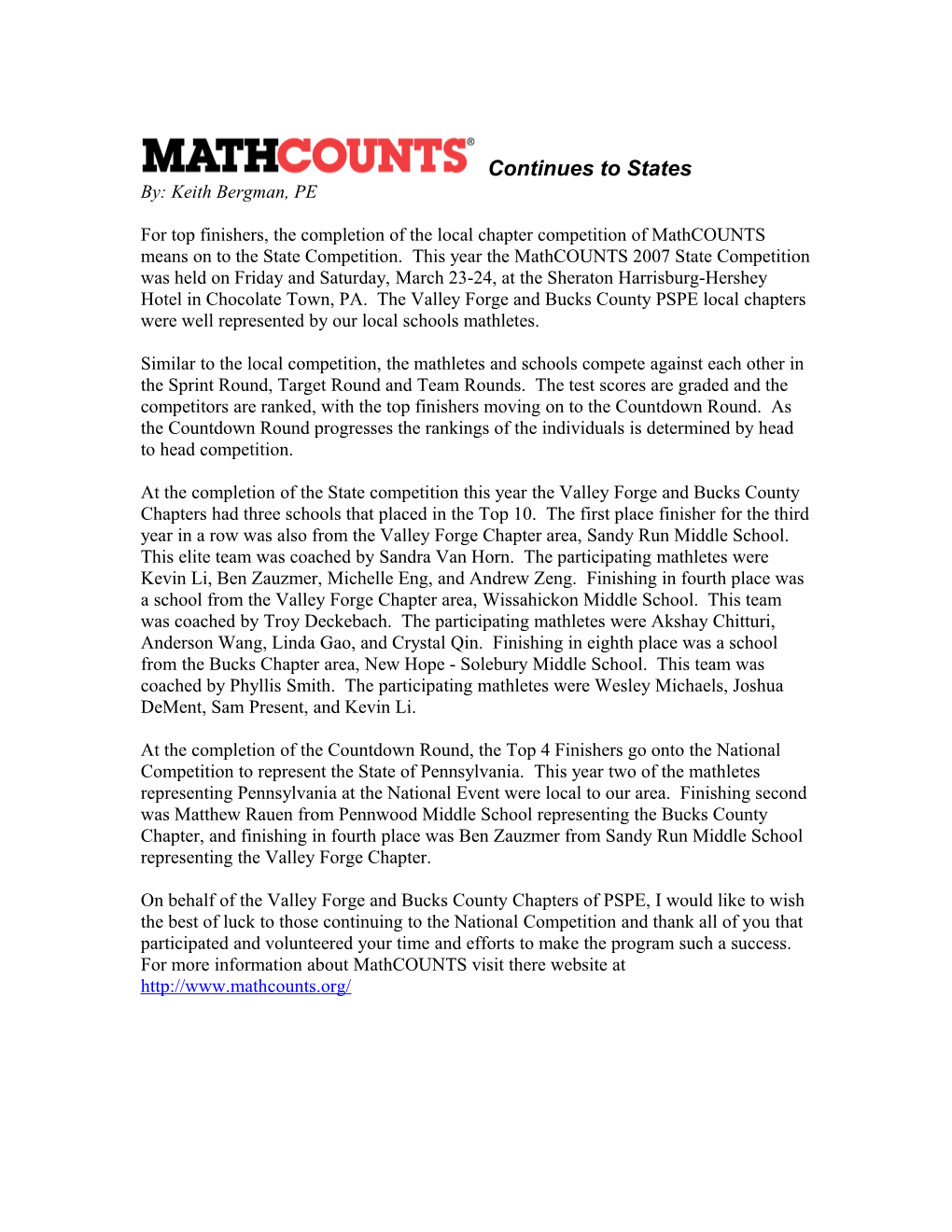 Mathcounts 2007 Continues to States