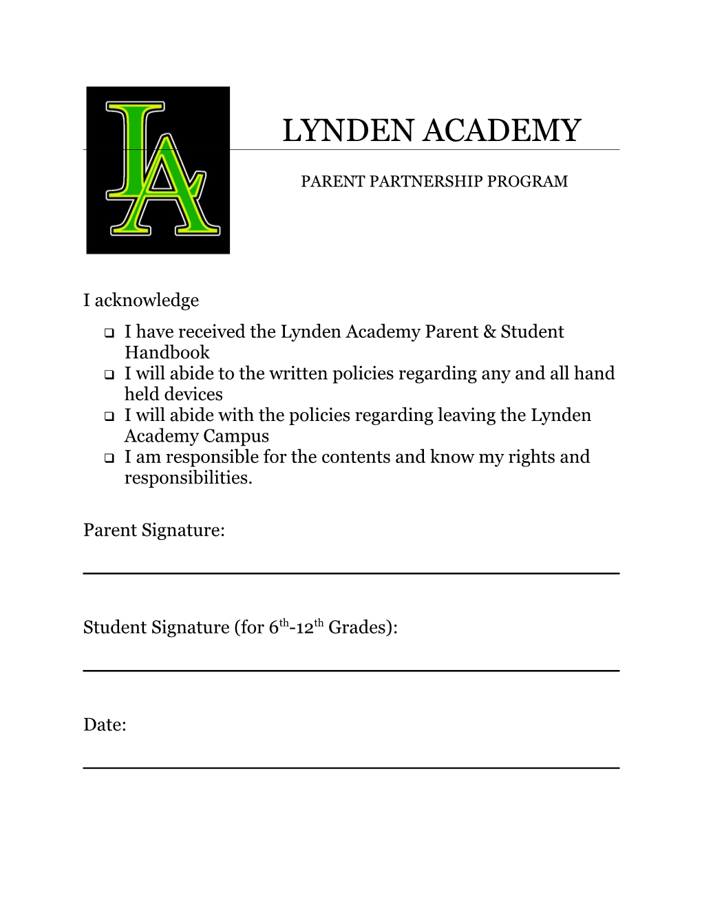 I Have Received the Lynden Academy Parent & Student Handbook