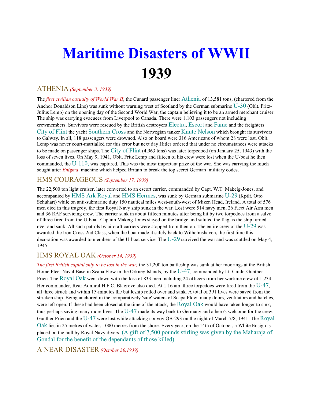Maritime Disasters of WWII