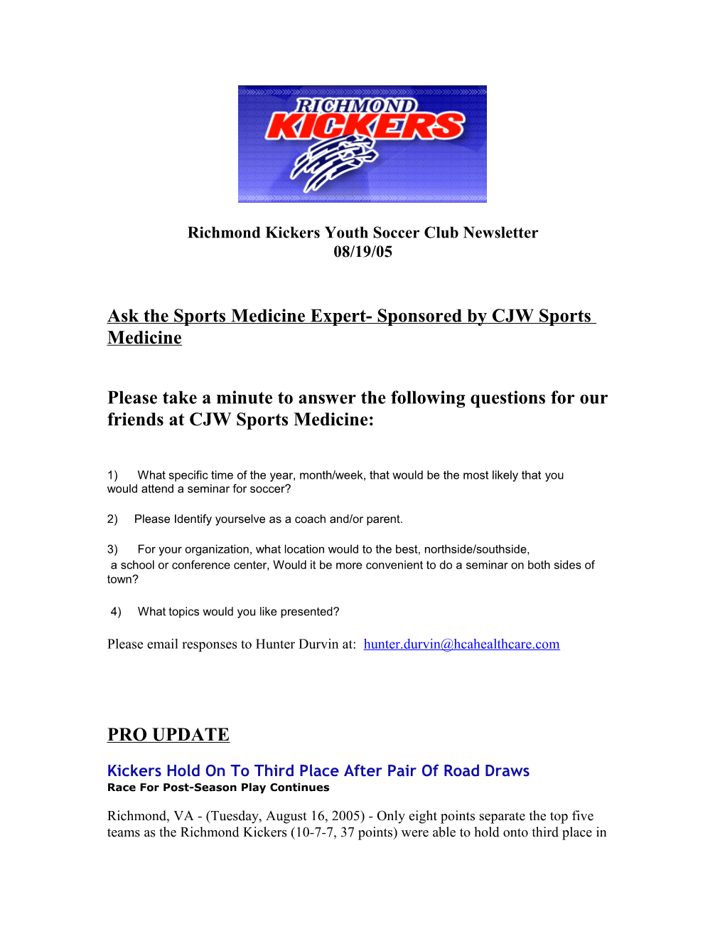 Richmond Kickers Youth Soccer Club Newsletter s1