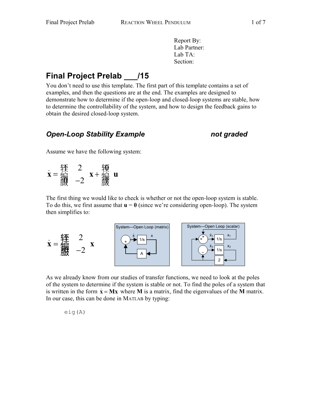 Final Project Prelab Reaction Wheel Pendulum 1 of 7