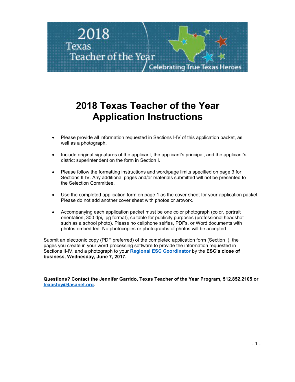 2018Texas Teacher of the Year Application Instructions