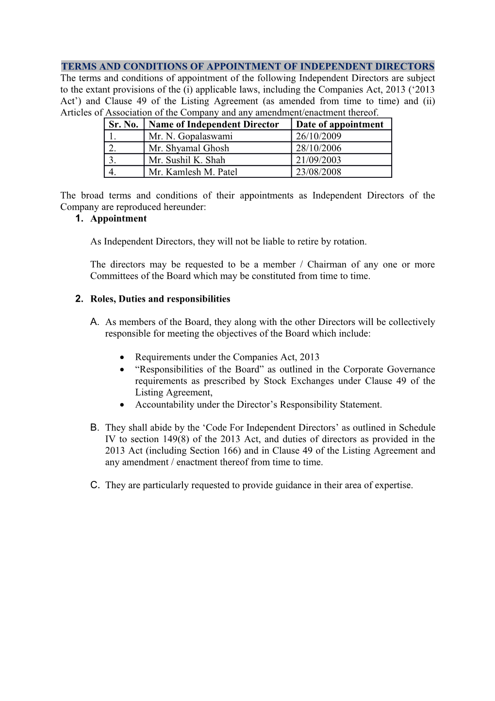 Terms and Conditions of Appointment of Independent Directors
