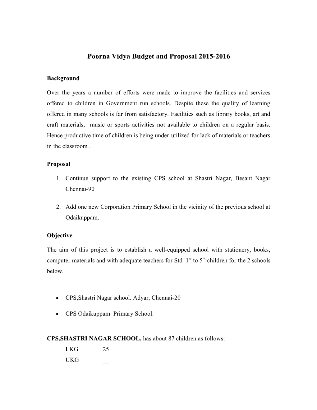 Poorna Vidya Budget and Proposal 2015-2016