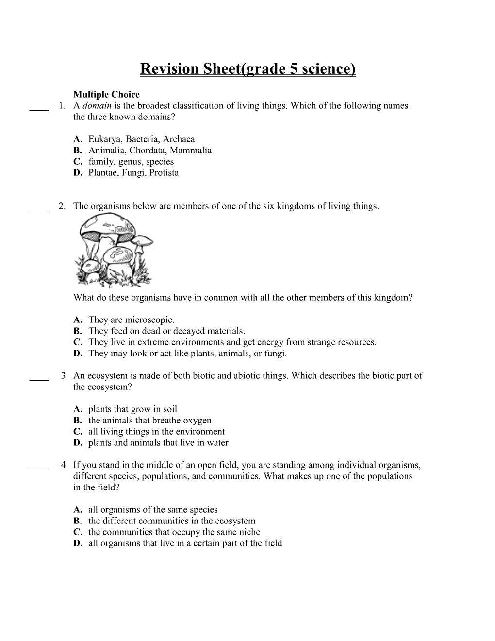 Revision Sheet(Grade 5 Science)