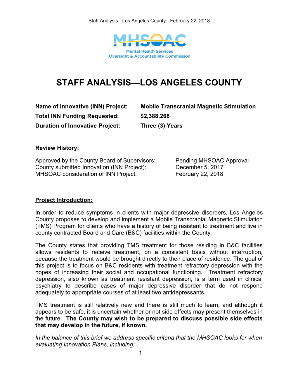 Staff Analysis Los Angeles County
