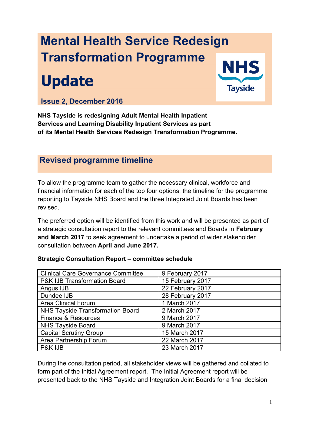 Mental Health Service Redesign Transformation Programme