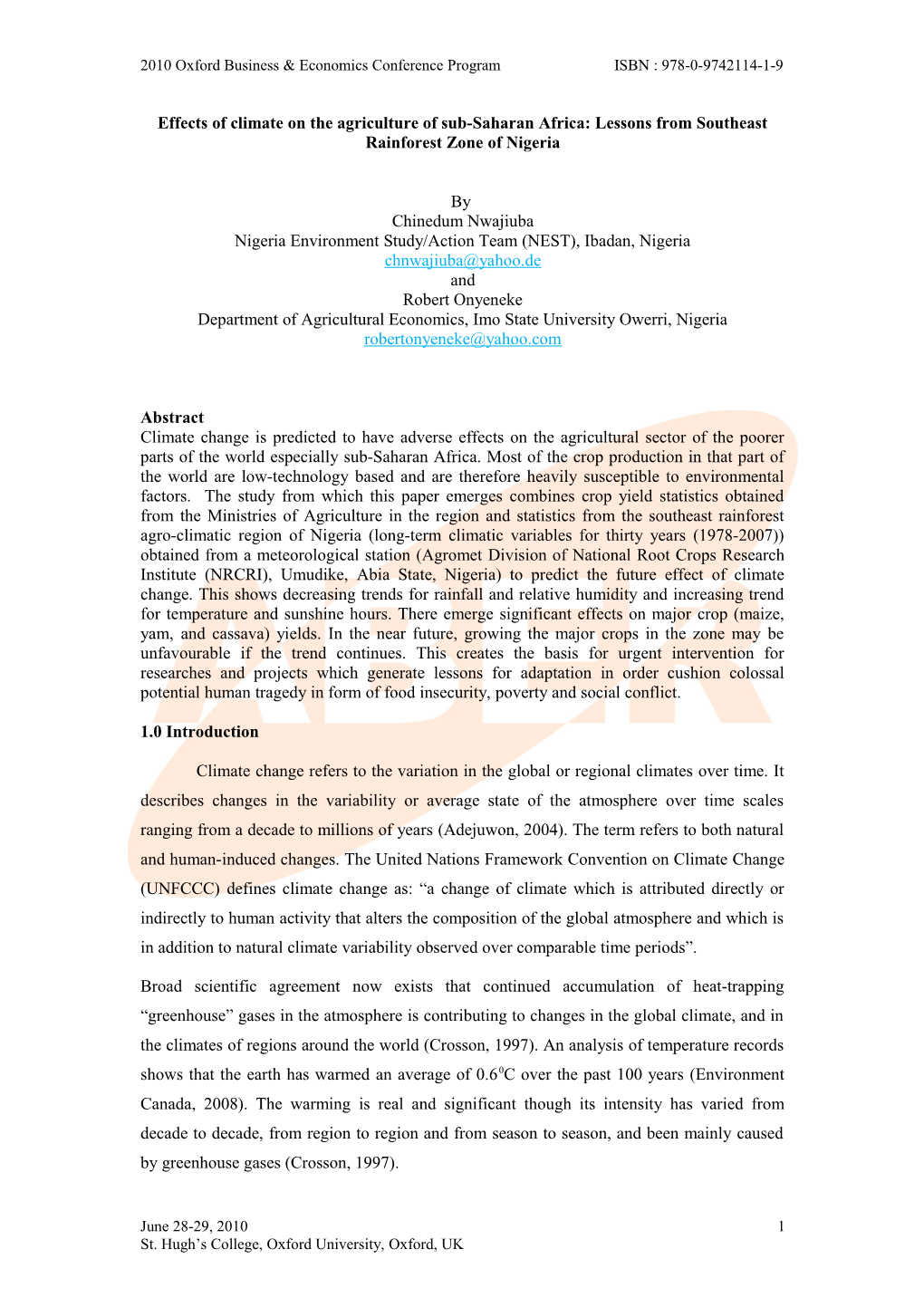 Effects of Climate on the Agriculture of Sub-Saharan Africa: Lessons from Southeast Rainforest