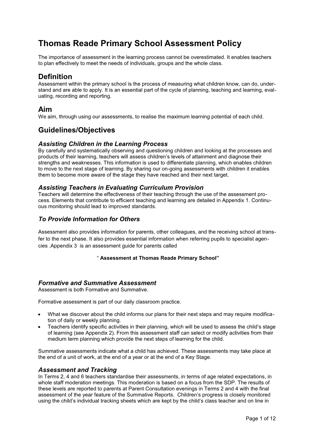 Thomas Reade Primary School Assessment Policy