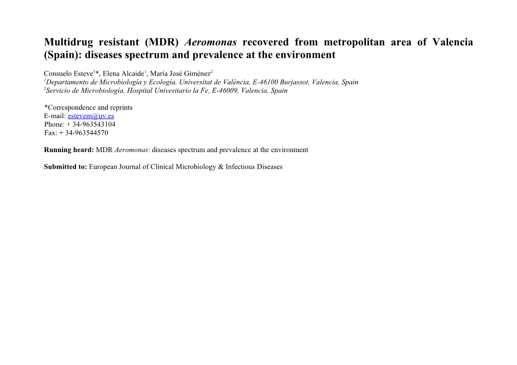 Multidrug Resistant (MDR) Aeromonas Recovered from Metropolitan Area of Valencia (Spain)
