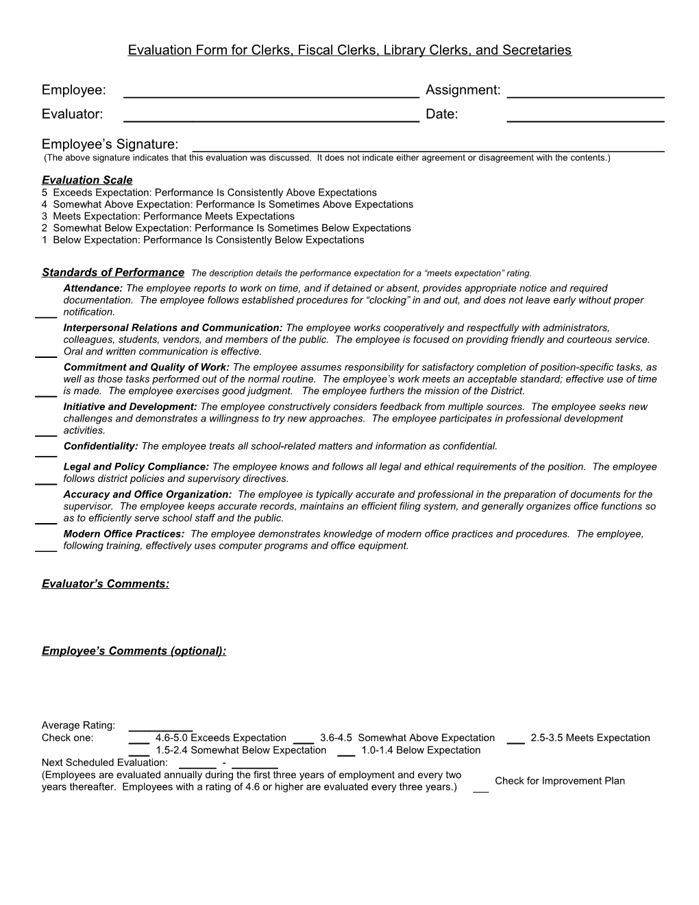 Evaluation Form for Clerks, Fiscal Clerks, Library Clerks, and Secretaries