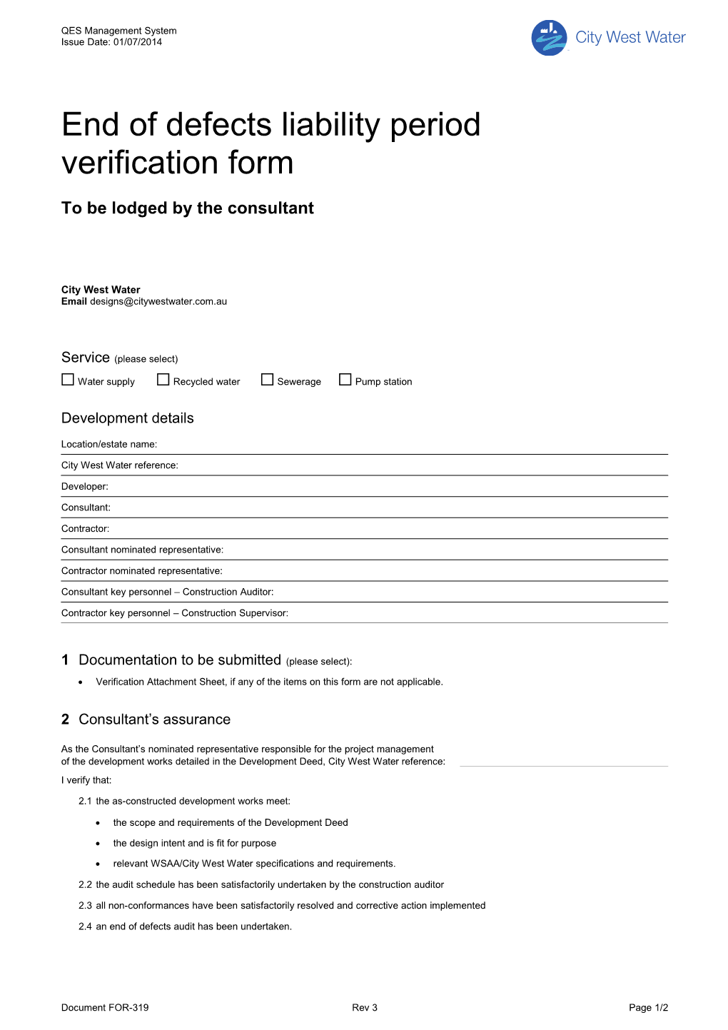 End of Defects Liability Period Verification Form