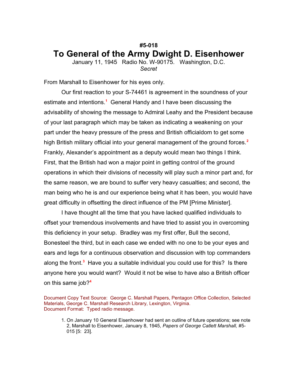 To General of the Army Dwight D. Eisenhower